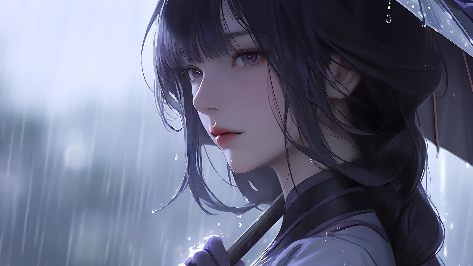 桌面壁纸 032 漂亮动漫镁钕 长发 伞 雨天 3440×1440带鱼屏壁纸插图