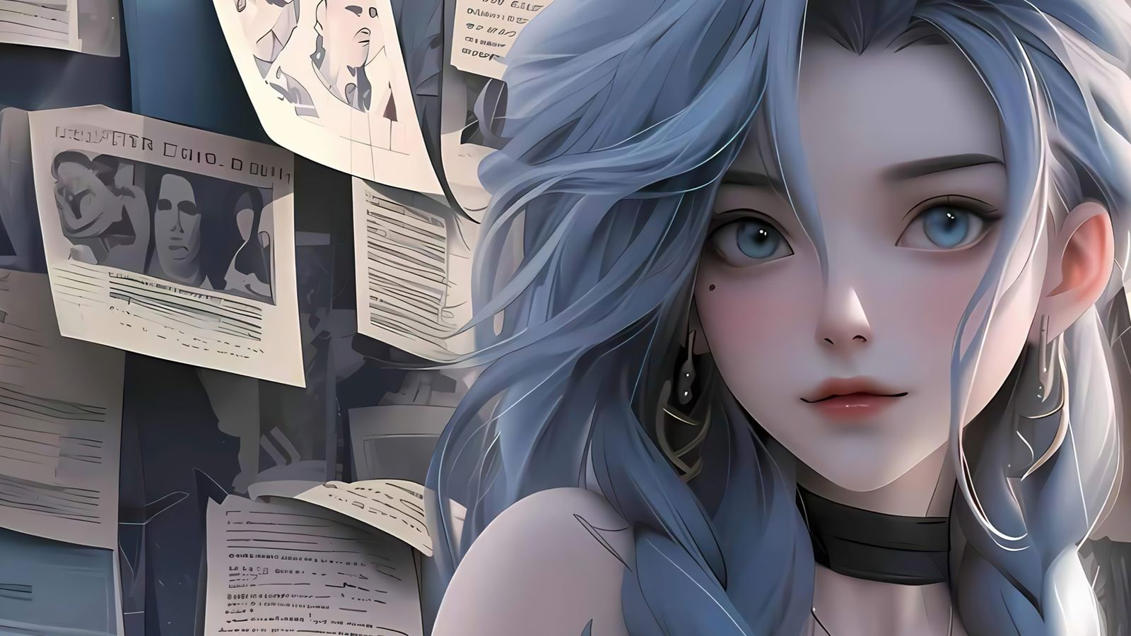 桌面壁纸 035 金克丝 报纸墙 动漫镁钕5120×1440双屏壁纸插图