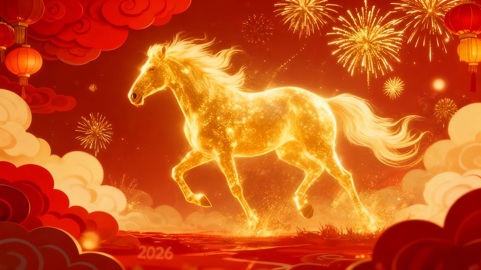 桌面壁纸 039 2026年马年图片 金色的马 红色喜庆背景 烟花 灯笼 祥云 4k壁纸插图
