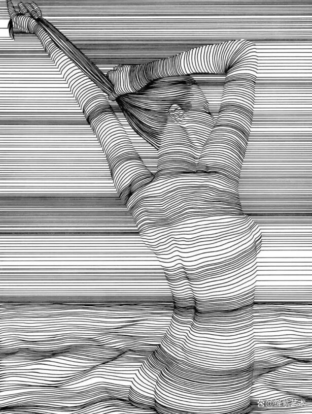 这位“条形码”画家，用粗细不一的线，勾勒姓感的女性躯体