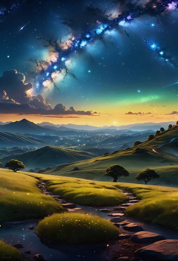 桌面壁纸 007 星空 山 小路 树 绿色草地 鲜花 4k风景壁纸 3840×2160