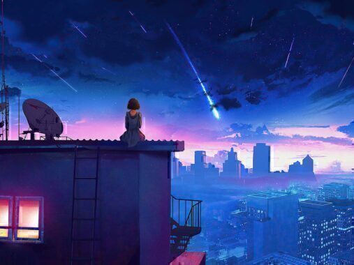 桌面壁纸 011 4k 晚上 坐在屋顶的女孩 背影 星空 流星 唯美 动漫 高清壁纸