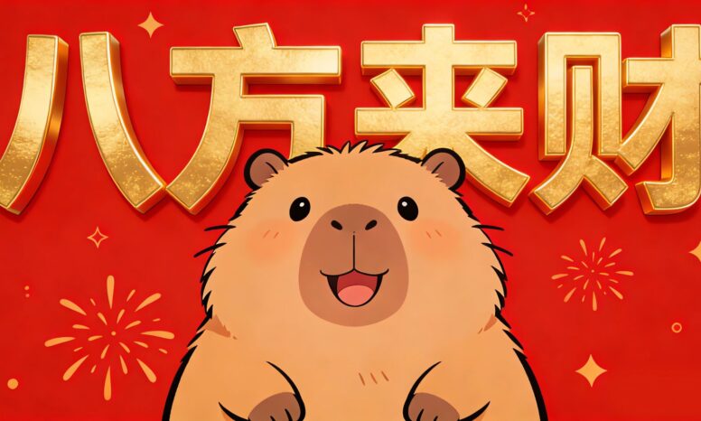 桌面壁纸 040 八方来财 卡皮巴拉卡通图片 红色背景 新年4K壁纸